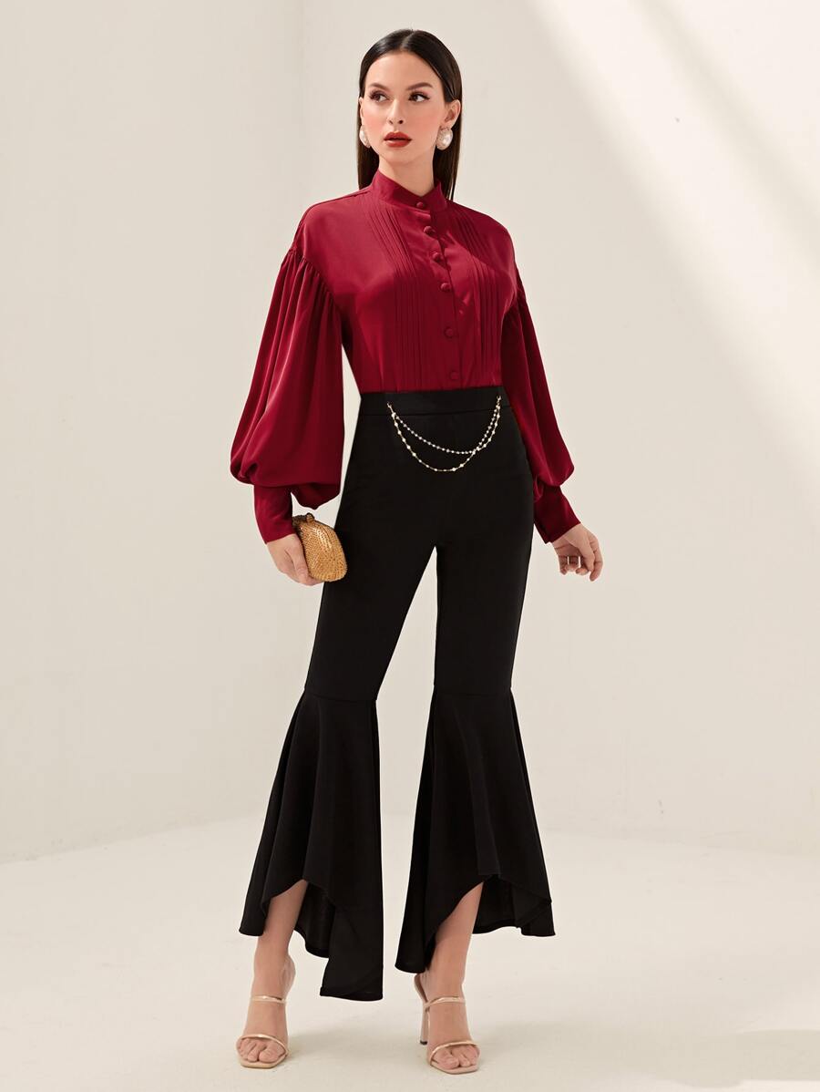 Modelyn Burgundy Red Mock Neck Lantern Sleeve Fold Pleated Blouse - Burgundy - View 1