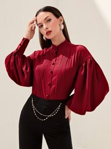 Modelyn Burgundy Red Mock Neck Lantern Sleeve Fold Pleated Blouse - Burgundy - View 4