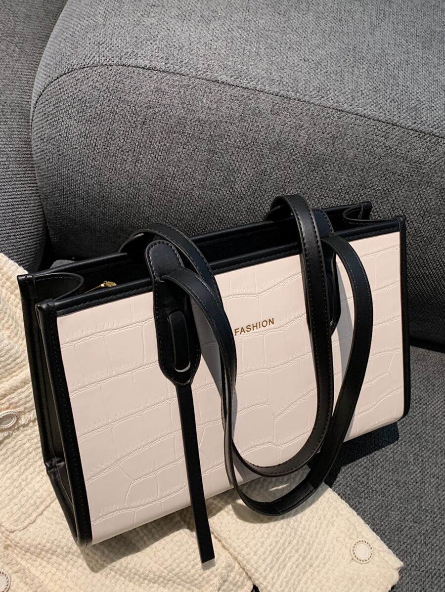 1pc Color-block Crocodile Pattern Pu Leather Fashionable Large Capacity Vintage Zipper Tote Bag, Suitable For Daily & Vacation Use - Black and White - View 1