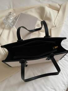 1pc Color-block Crocodile Pattern Pu Leather Fashionable Large Capacity Vintage Zipper Tote Bag, Suitable For Daily & Vacation Use - Black and White - View 4