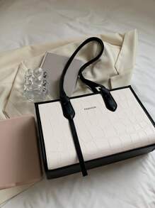 1pc Color-block Crocodile Pattern Pu Leather Fashionable Large Capacity Vintage Zipper Tote Bag, Suitable For Daily & Vacation Use - Black and White - View 5