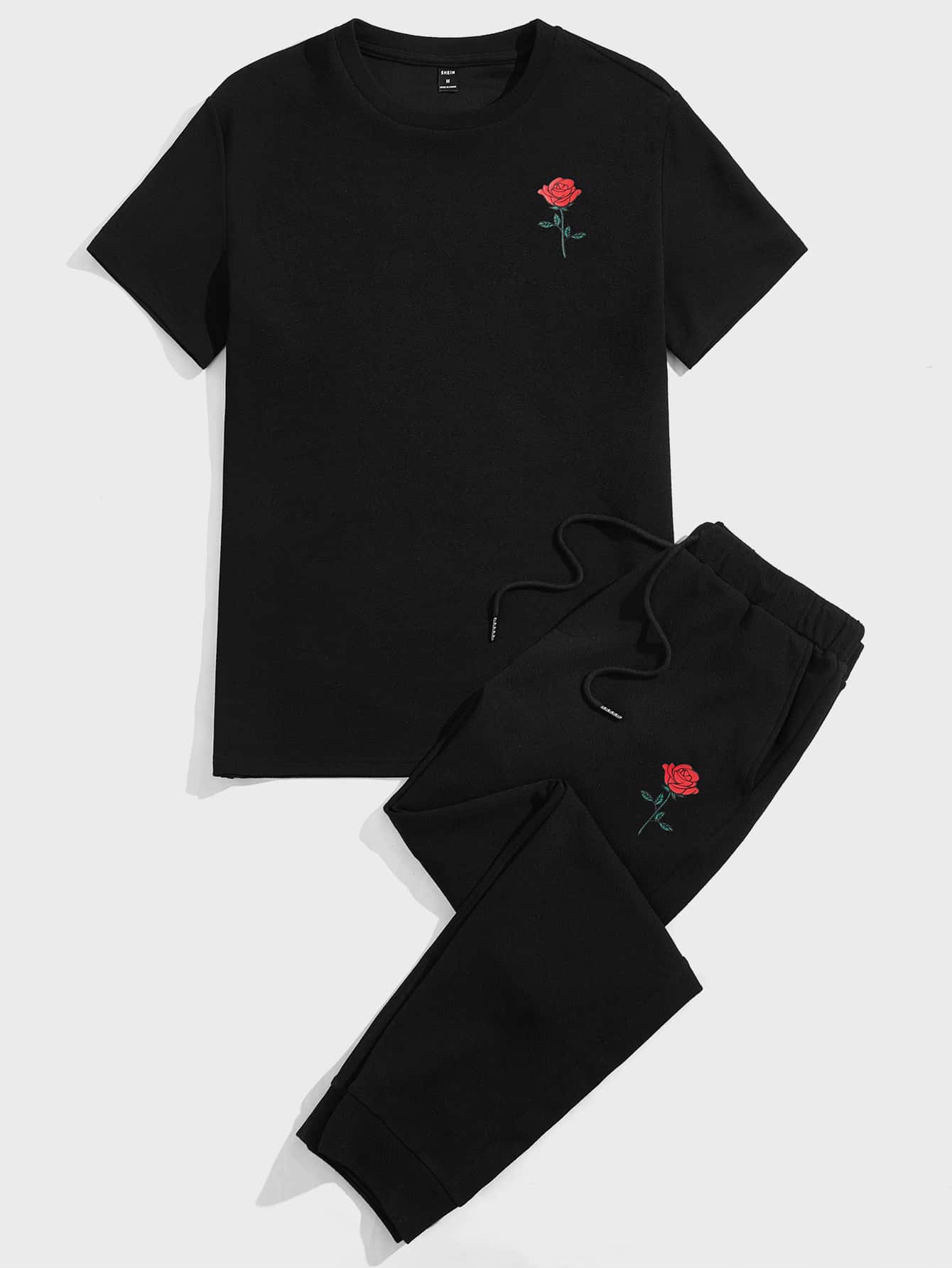 Manfinity 男士印花T恤和腰部抽繩衛褲 - 黑色 - 查看 1