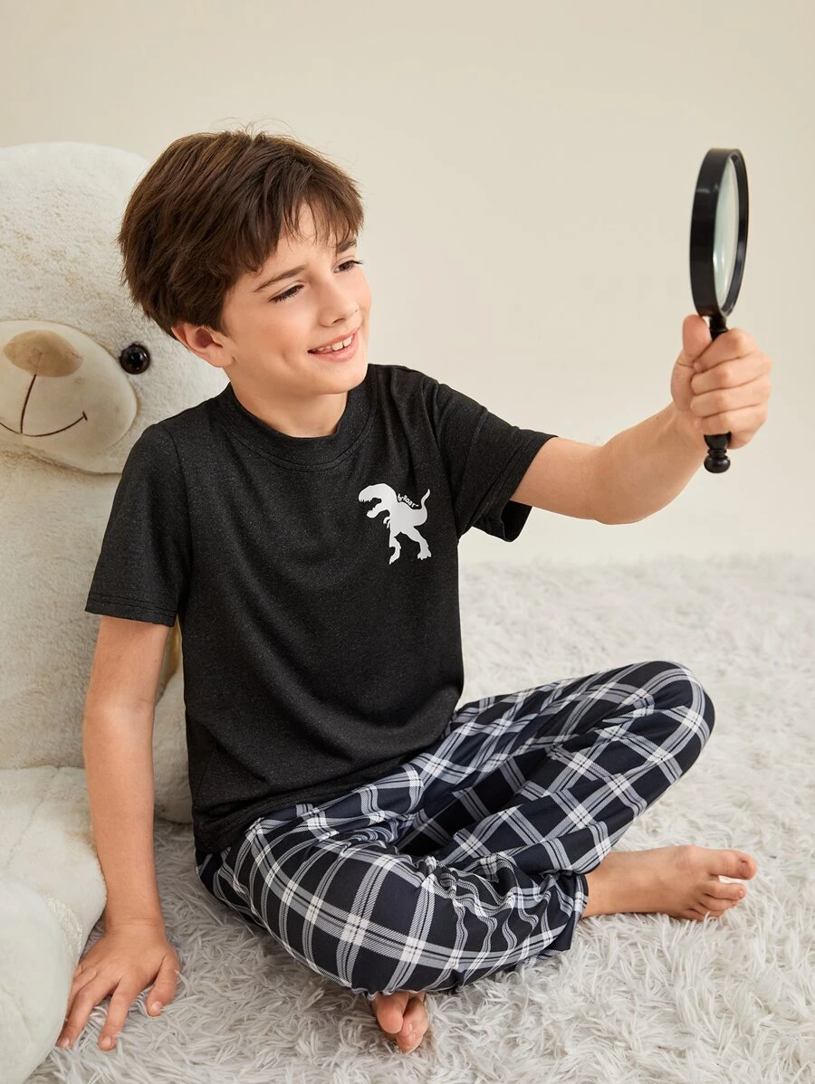 Boys Dinosaur Print Tee & Plaid Pants PJ Set - Black and White - View 1
