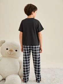 Boys Dinosaur Print Tee & Plaid Pants PJ Set - Black and White - View 2