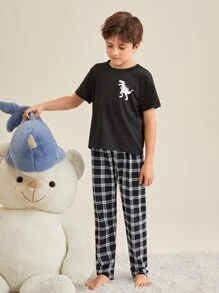 Boys Dinosaur Print Tee & Plaid Pants PJ Set - Black and White - View 3