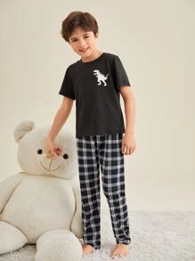 Boys Dinosaur Print Tee & Plaid Pants PJ Set - Black and White - View 5