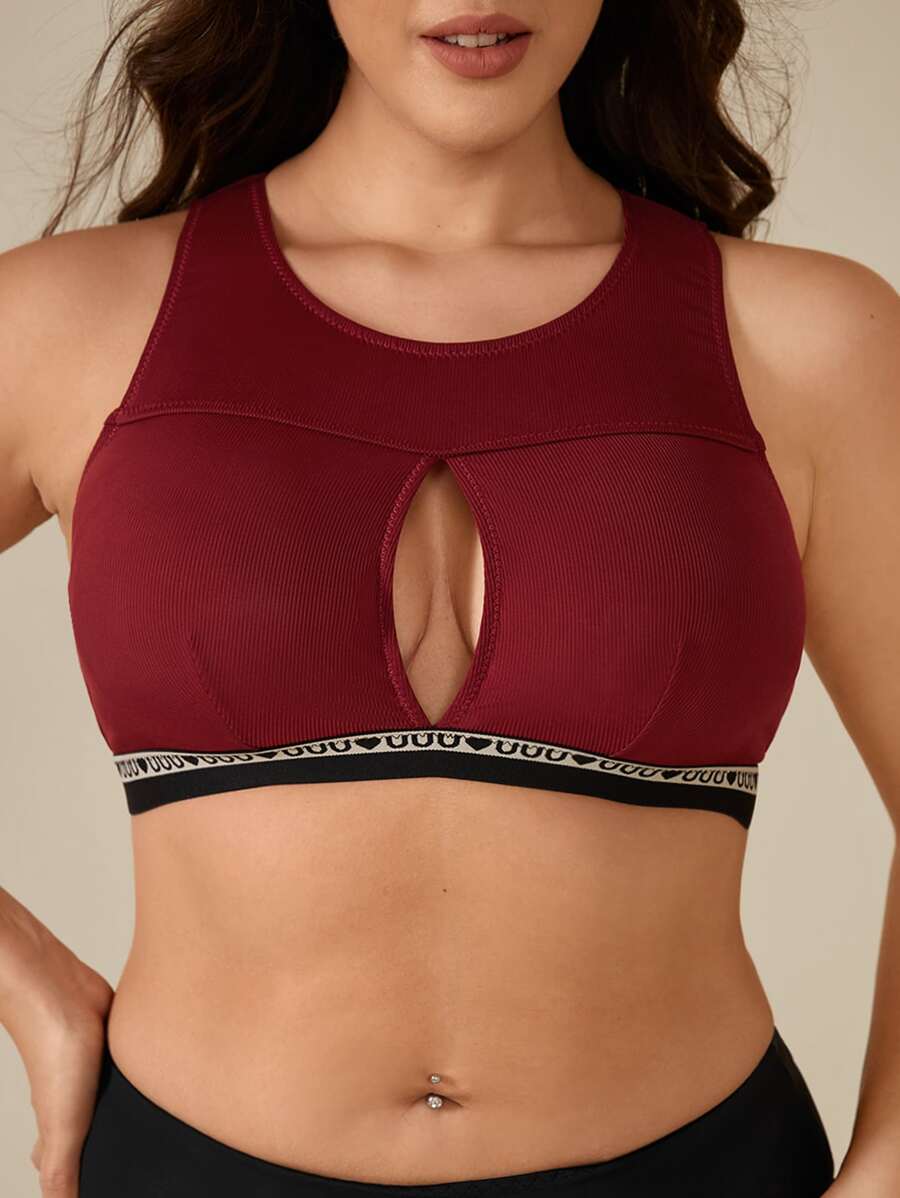 Plus Letter Tape Cut Out Front Bralet - Burgundy - View 1