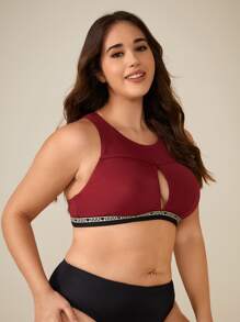 Plus Letter Tape Cut Out Front Bralet - Burgundy - View 4