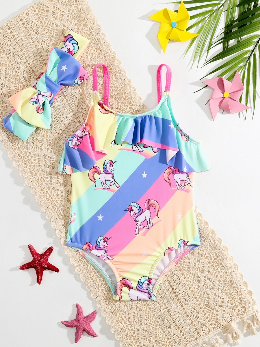 Baby Unicorn Print Ruffle Trim One Piece Swimsuit & Headband - Multicolor - View 1