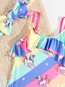 Baby Unicorn Print Ruffle Trim One Piece Swimsuit & Headband - Multicolor - View 4