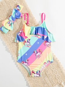 Baby Unicorn Print Ruffle Trim One Piece Swimsuit & Headband - Multicolor - View 5