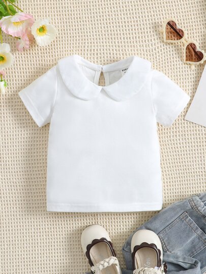 SHEIN Vintaside Kids Baby Girl Peter Pan Collar Keyhole Back Tee