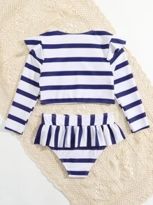 Young Girl Striped Ruffle Trim Tankini Summer Beach - Blue and White - View 2