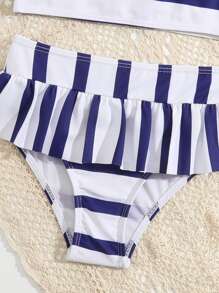 Young Girl Striped Ruffle Trim Tankini Summer Beach - Blue and White - View 3