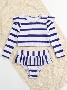 Young Girl Striped Ruffle Trim Tankini Summer Beach - Blue and White - View 5