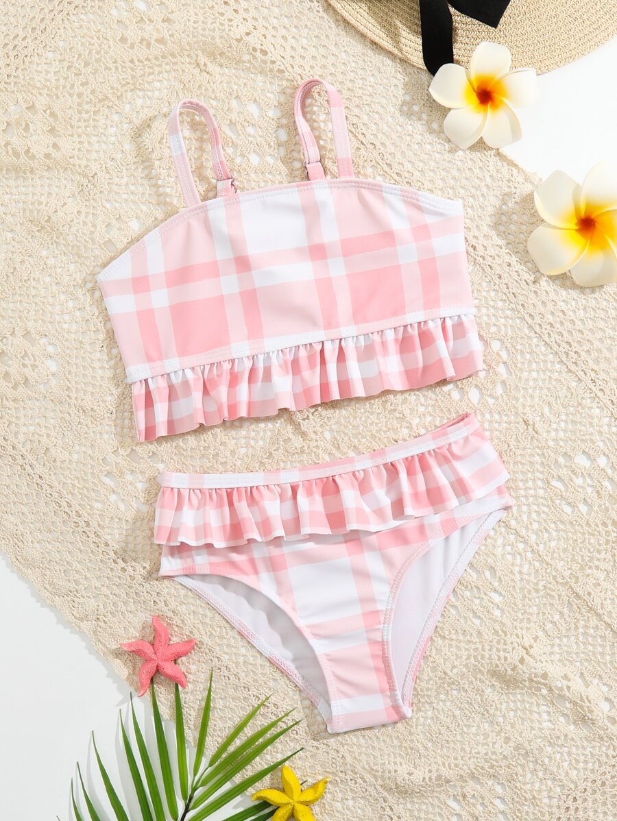 Young Girl Plaid Ruffle Hem Bikini Set Summer Beach - Multicolor - View 1