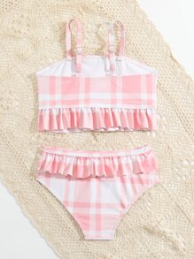 Young Girl Plaid Ruffle Hem Bikini Set Summer Beach - Multicolor - View 2
