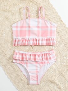 Young Girl Plaid Ruffle Hem Bikini Set Summer Beach - Multicolor - View 5