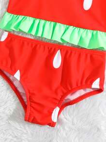 Ropa de playa y accesorio diadema para niña bebé con estampado de sandía, volantes en el bajo y cuello alto - Rojo - Ver 4