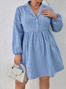 SHEIN Essnce Plus Gingham Print Lantern Sleeve Button Front Dress - Blue and White - View 1