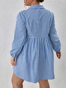 SHEIN Essnce Plus Gingham Print Lantern Sleeve Button Front Dress - Blue and White - View 2