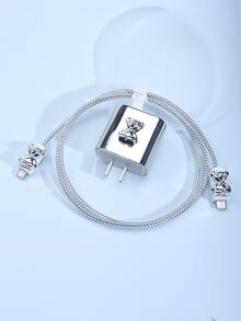 6pcs Bear Decor Data Cable Protector & Charger Head Cover & Storage Bag Set - Silver - View 4