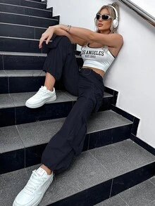 Quần nữ Dây kéo Túi màu trơn Giải trí - Màu xanh hải quân - Xem 5