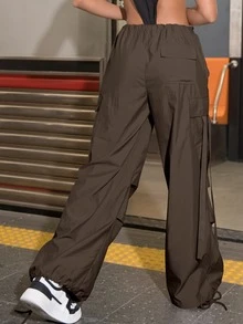 Street Vibes 90s Flap Pocket Drawstring Hem Cargo Parachute Pants - Chocolate Brown - View 2