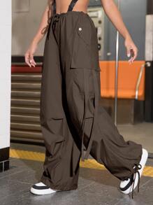 Street Vibes 90s Flap Pocket Drawstring Hem Cargo Parachute Pants - Chocolate Brown - View 3