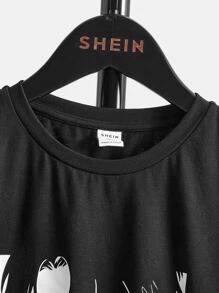 SHEIN 男孩人像和日文字元圖案T恤 - 黑色 - 查看 3