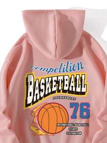 SHEIN EZwear Basketball & Letter Graphic Drawstring Thermal Lined Hoodie - Coral Pink - View 3