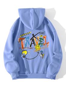 SHEIN EZwear Slogan Graphic Kangaroo Pocket Drawstring Thermal Lined Hoodie - Baby Blue - View 1