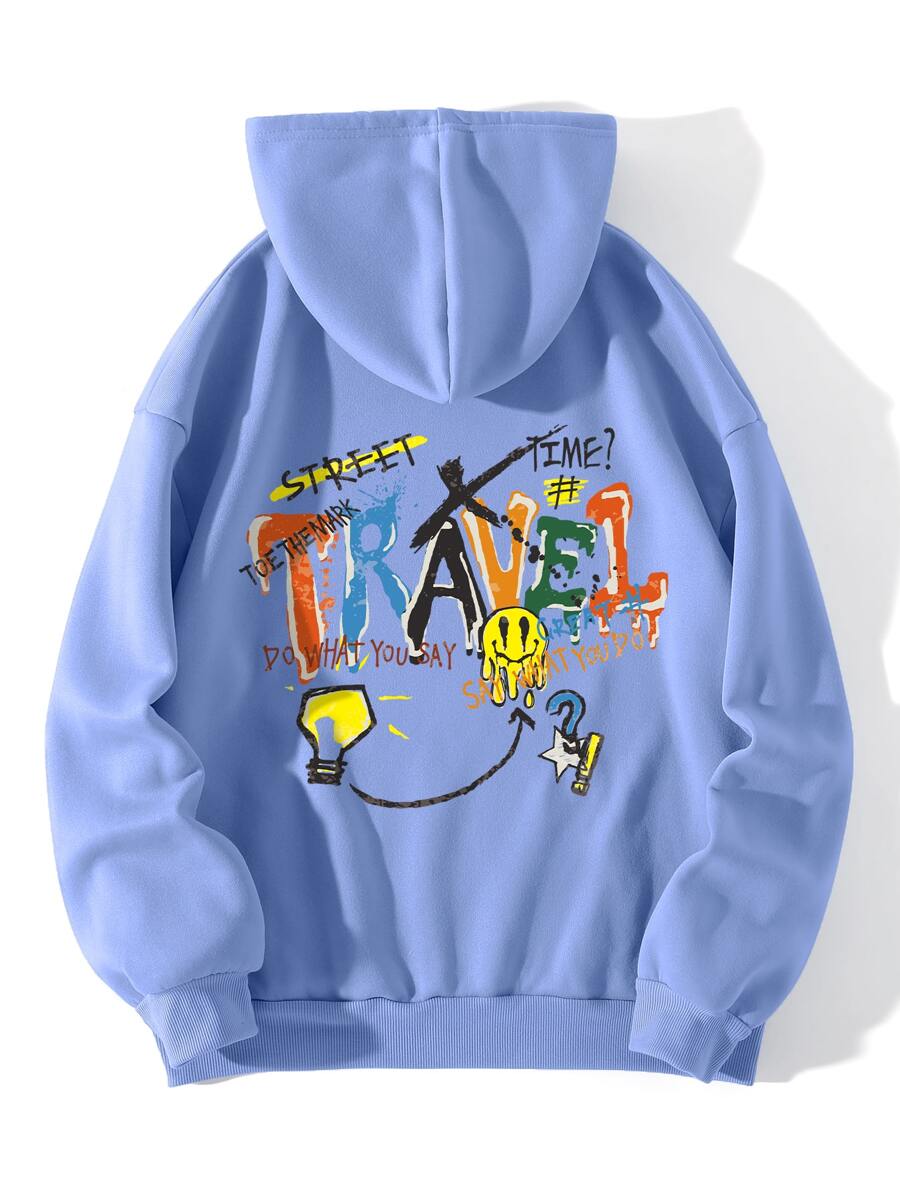 SHEIN EZwear Slogan Graphic Kangaroo Pocket Drawstring Thermal Lined Hoodie - Baby Blue - View 1