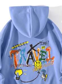 SHEIN EZwear Slogan Graphic Kangaroo Pocket Drawstring Thermal Lined Hoodie - Baby Blue - View 3
