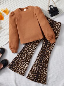 SHEIN Girls Solid Tee & Leopard Print Flare Leg Trousers - Multicolor - View 1