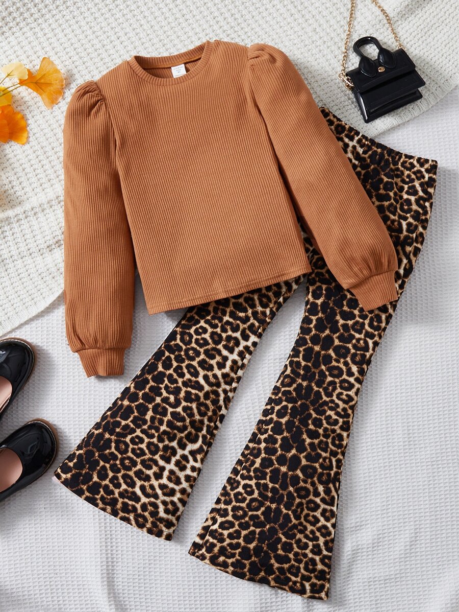 SHEIN Girls Solid Tee & Leopard Print Flare Leg Trousers - Multicolor - View 1