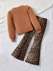 SHEIN Girls Solid Tee & Leopard Print Flare Leg Trousers - Multicolor - View 2