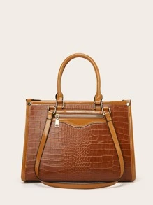 3入組幾何壓花手提包，最佳女士工作包 - 棕色 - 查看 6