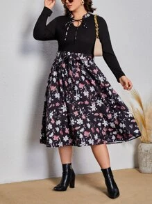 SHEIN Clasi Plus Floral Print Tie Neck Belted Dress - Multicolor - View 1