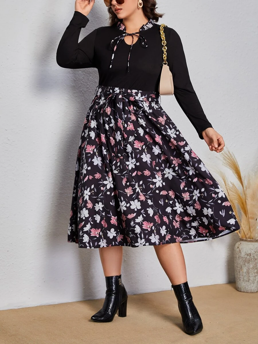 SHEIN Clasi Plus Floral Print Tie Neck Belted Dress - Multicolor - View 1