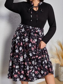 SHEIN Clasi Plus Floral Print Tie Neck Belted Dress - Multicolor - View 3