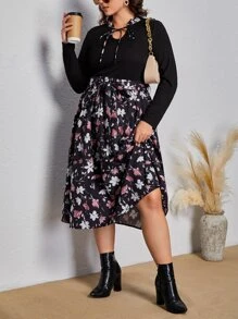 SHEIN Clasi Plus Floral Print Tie Neck Belted Dress - Multicolor - View 4