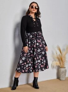 SHEIN Clasi Plus Floral Print Tie Neck Belted Dress - Multicolor - View 6