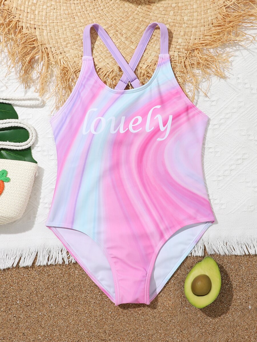 Girls Letter & Marble Print One-Piece Swimsuit - Multicolor - View 1