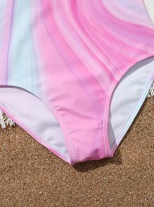 Girls Letter & Marble Print One-Piece Swimsuit - Multicolor - View 5