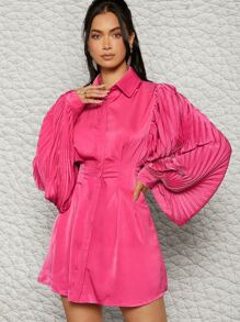 Hauture Rochie cămașă casual cu mânecă lanternă plisată - Roz fierbinte - Vizualizare 1