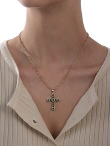 Cubic Zirconia Cross Charm Necklace - Multicolor - View 1