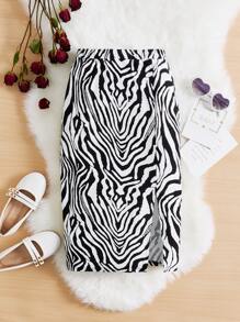 SHEIN Girls Zebra Striped Split Hem Skirt - Black and White - View 1
