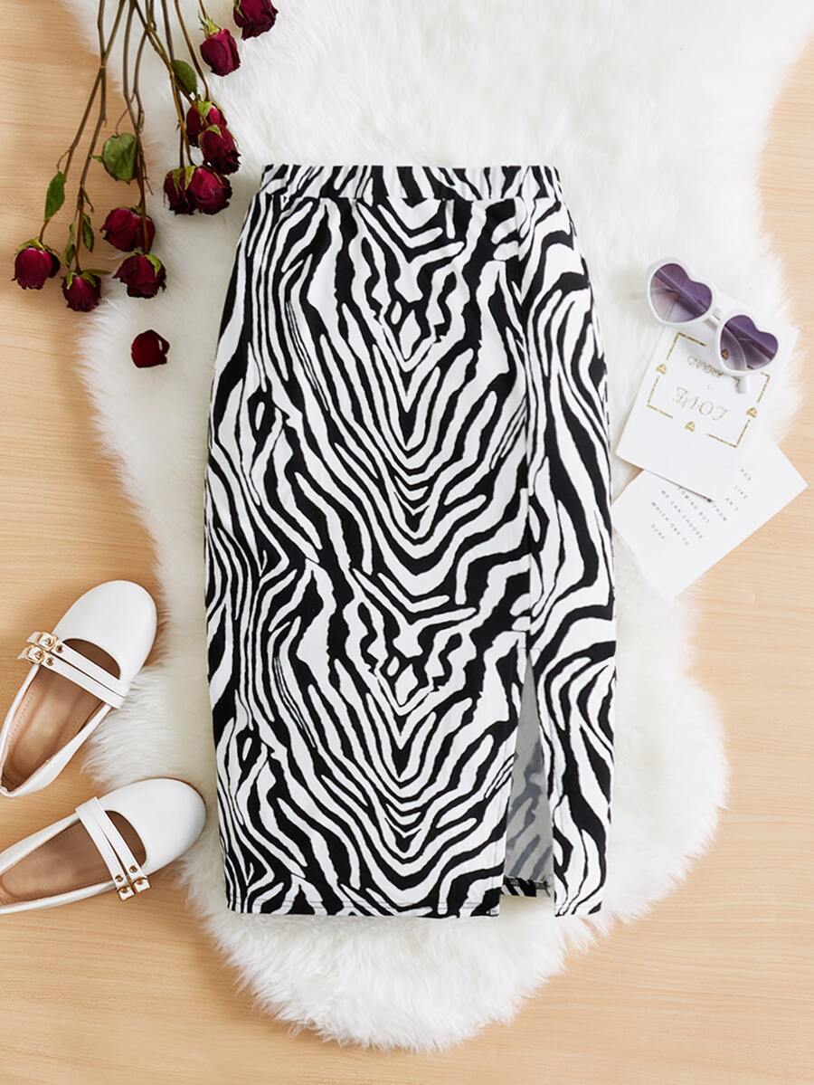 SHEIN Girls Zebra Striped Split Hem Skirt - Black and White - View 1