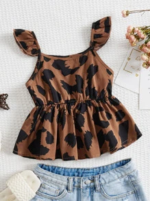 SHEIN Young Girl Allover Print Ruffle Trim Peplum Blouse - Multicolor - View 3